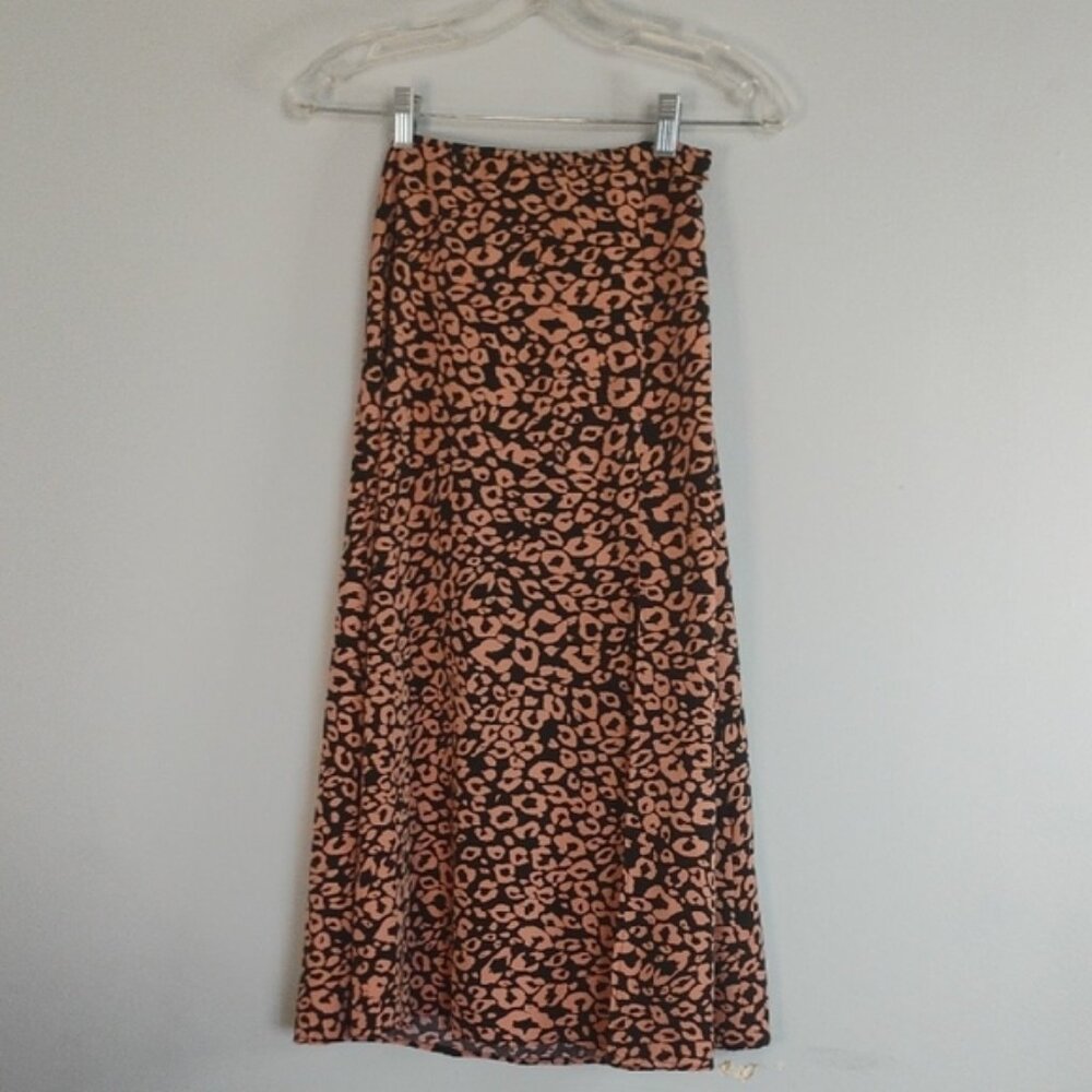 SHEIN Blush Black Animal Print A-Line Midi Skirt Casual High Side Slit Size XS